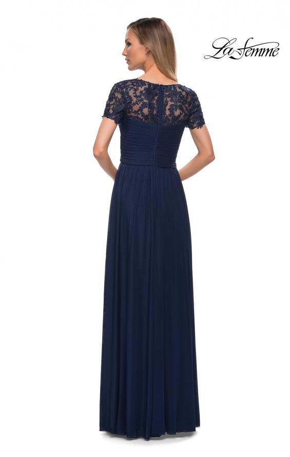 Picture of: Jersey Long Evening Dress with Short Lace Sleeves in Navy, Back Picture