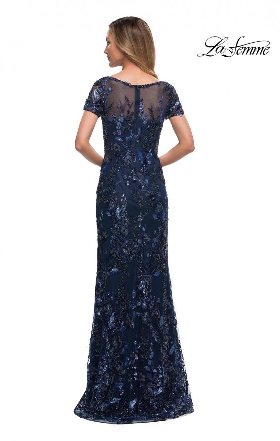 Picture of: Long Beaded Lace Dress with Sheer Neckline in Navy, Back Picture