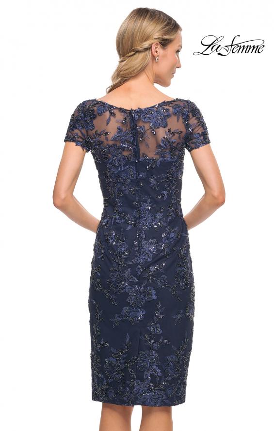 Picture of: Beautiful Short Dress with Illusion Top and Sleeve in Blue, Style: 29982, Back Picture