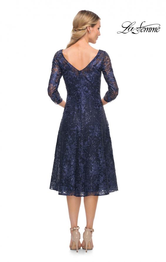 Picture of: Beautiful Lace Tea Length Gown with Three-Quarter Sleeves in Blue, Style: 30005, Back Picture