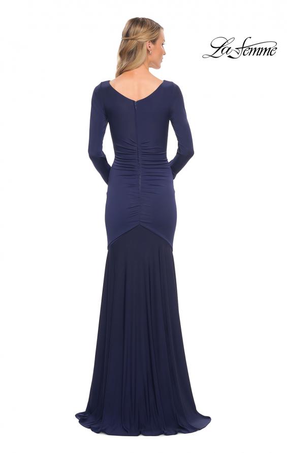 Picture of: Ruched Jersey Evening Gown with Long Sleeves in Blue, Style: 30010, Back Picture