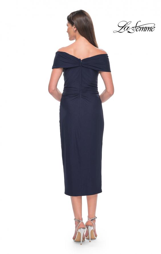 Picture of: Tea Length Fitted Jersey Ruched Off the Shoulder Dress in Navy, Style: 30109, Back Picture