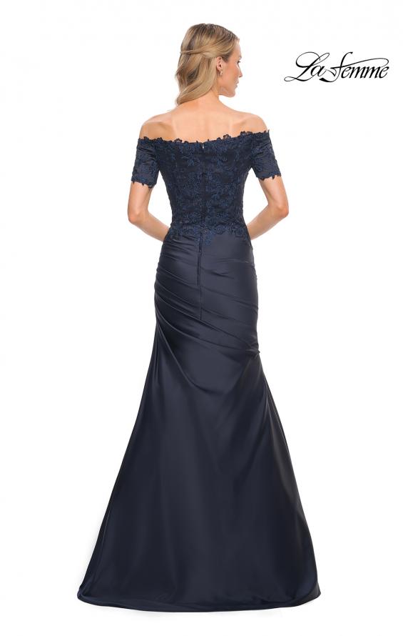 Picture of: Off the Shoulder Satin and Lace Mermaid Pleated Gown in Blue, Style: 30199, Back Picture