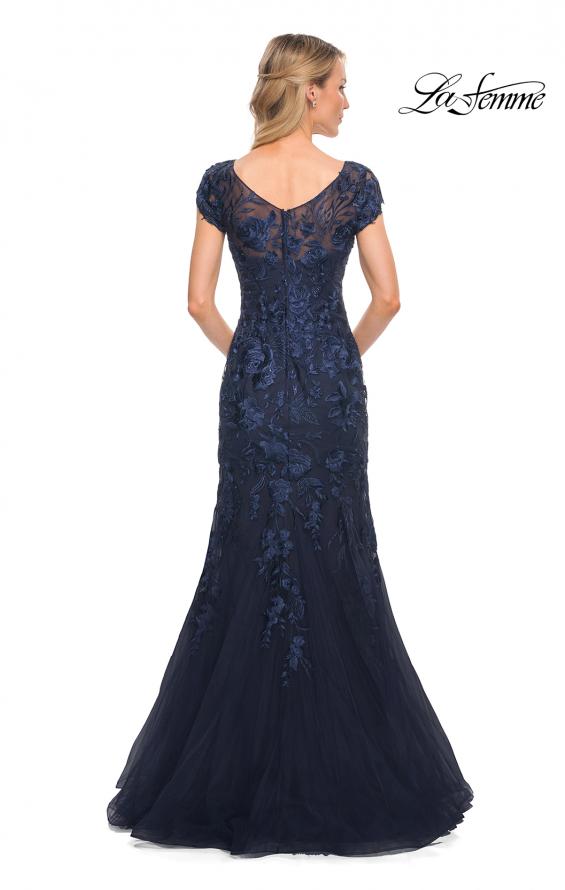 Picture of: Lace and Tulle Mermaid Gown with Cap Sleeves in Blue, Style: 30269, Back Picture