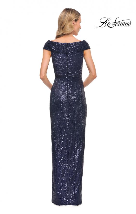 Picture of: Sequin Long Evening Dress with Ruching and V Neck in Blue, Style: 30326, Back Picture