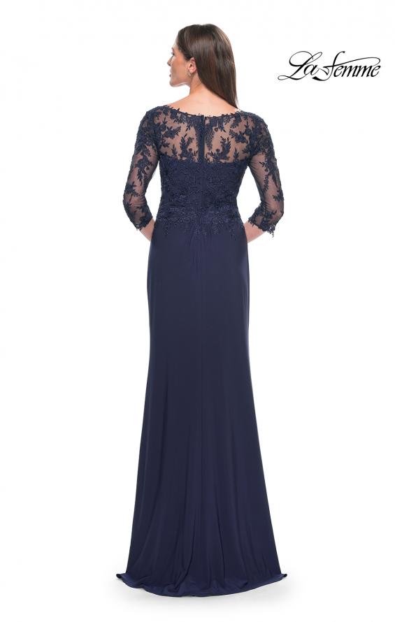 Picture of: Long Evening Gown with Lace Illusion Sleeves and Neckline in Navy, Style: 30385, Back Picture