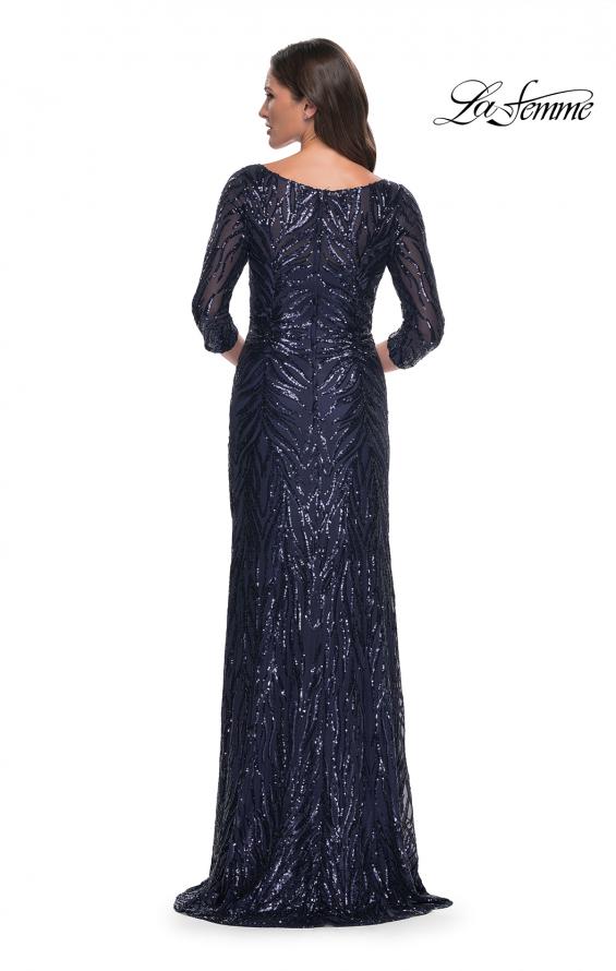 Picture of: Print Sequin Gown with High Neckline and Sleeves in Navy, Style: 30807, Back Picture