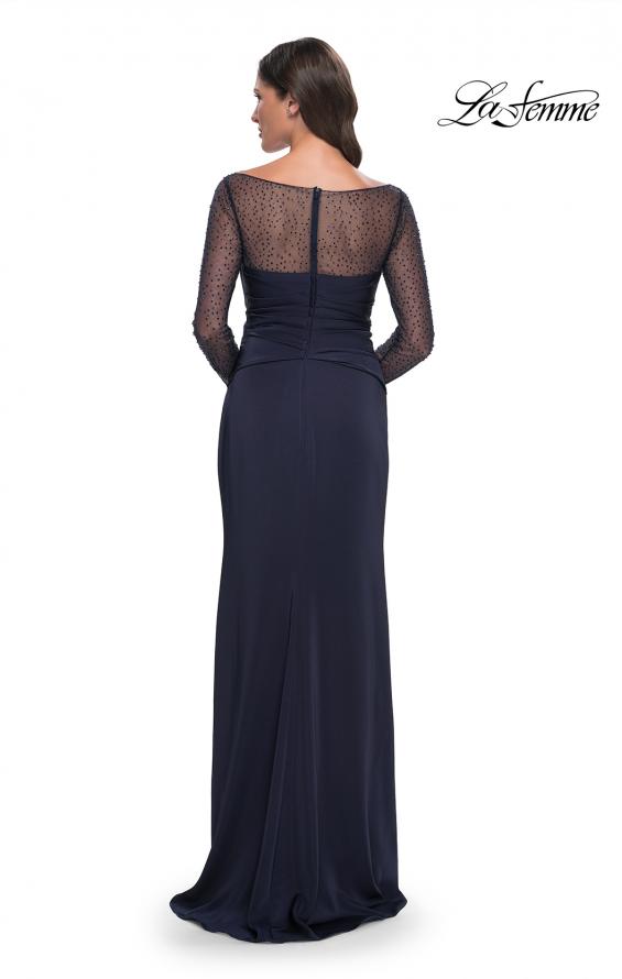 Picture of: Sleek Long Evening Dress with Ruching and Illusion Top in Navy, Style: 30808, Back Picture