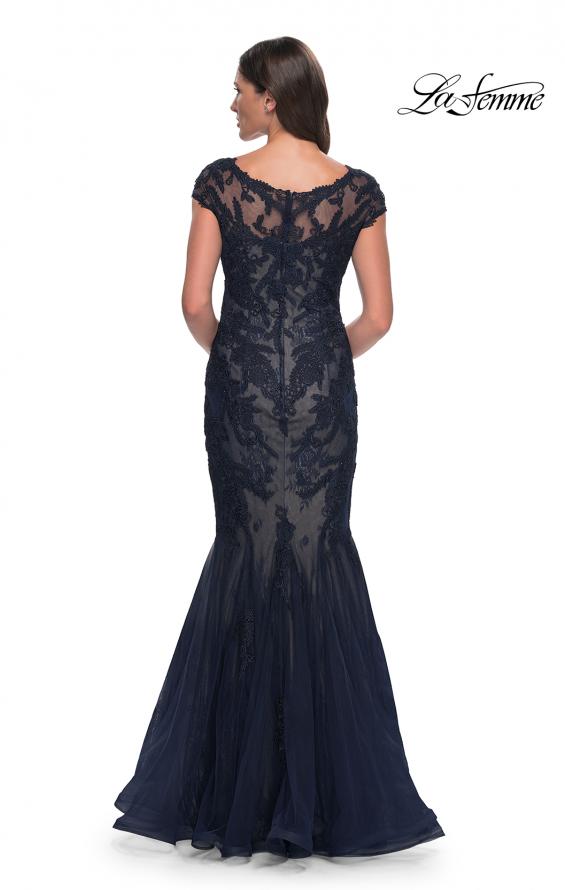 Picture of: Mermaid Lace Dress with Cap Sleeves and Illusion Neckline in Navy, Style: 30876, Back Picture