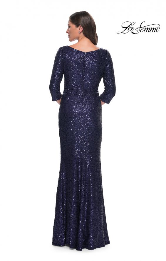 Picture of: Long Sequin Gown with Ruching and Draped Skirt in Navy, Style: 30879, Back Picture