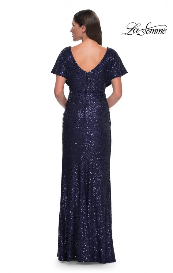 Picture of: Sequin Stretch Evening Dress with High Neckline and Dolman Sleeves in Navy, Style: 30885, Back Picture