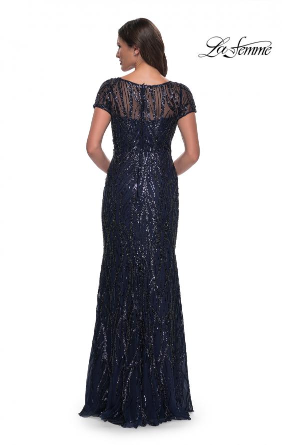 Picture of: Beaded Print Fitted Evening Dress with Illusion Neckline in Navy, Style: 31005, Back Picture