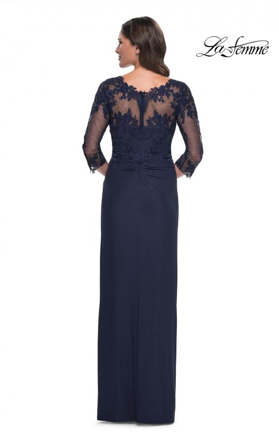 Picture of: Long Jersey Evening Dress with Lace Detail Neckline and Sleeves in Navy, Style: 31093, Back Picture
