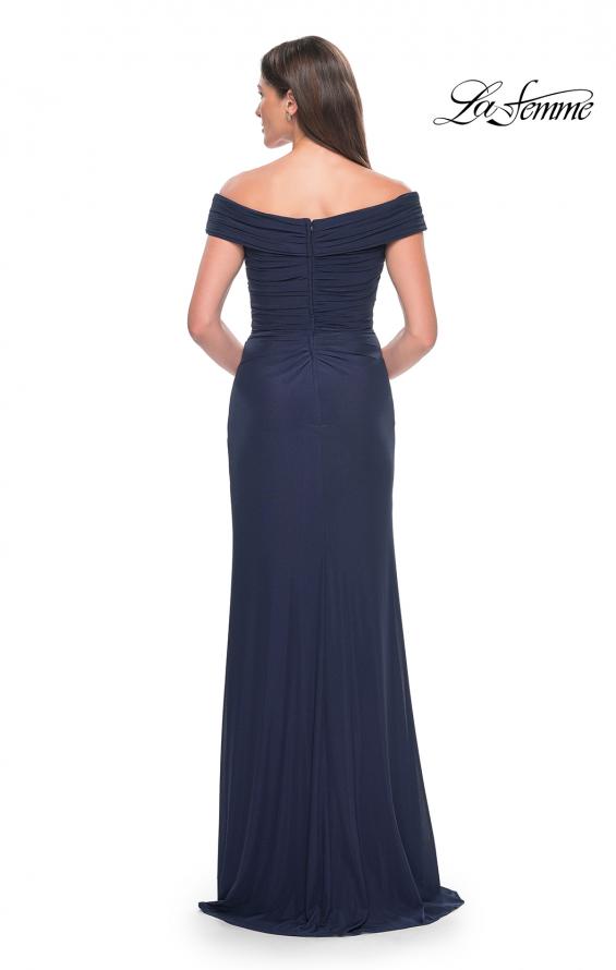 Picture of: Off the Shoulder Jersey Evening Gown with Ruching in Navy, Style: 31677, Back Picture