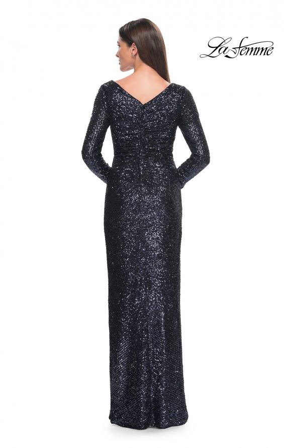 Picture of: Long Sleeve Sequin Evening Dress with Ruching in Navy, Style: 31698, Back Picture