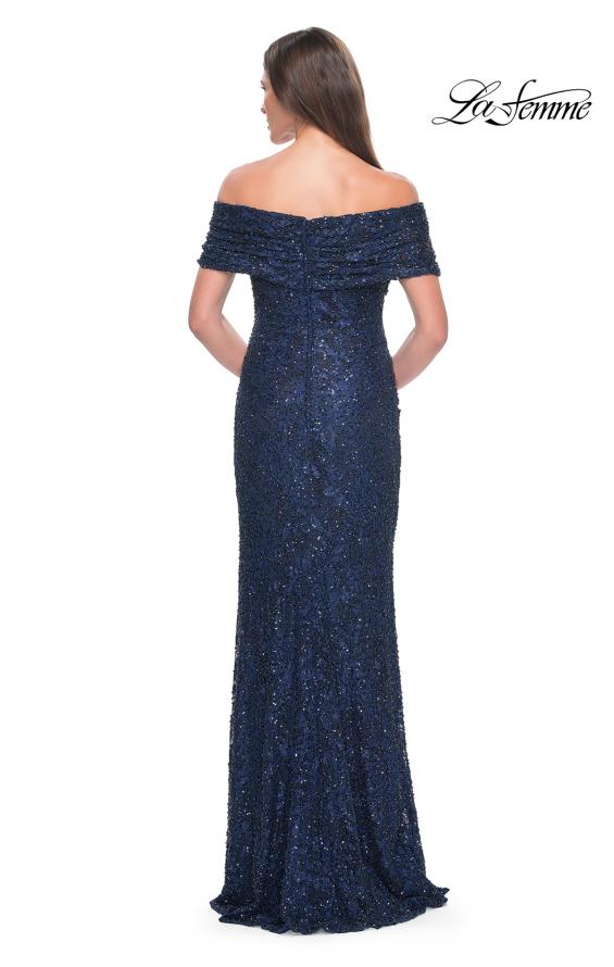 Picture of: Off the Shoulder Ruched Beaded Lace Evening Gown in Navy, Style: 31778, Back Picture