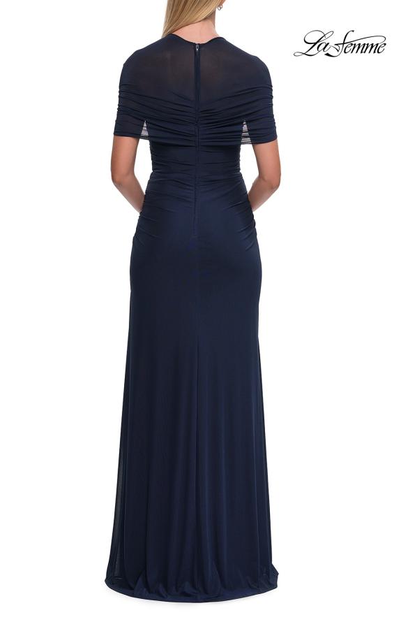 Picture of: Long Net Jersey Ruched Evening Dress with Short Sleeves in Navy, Style: 33124, Back Picture