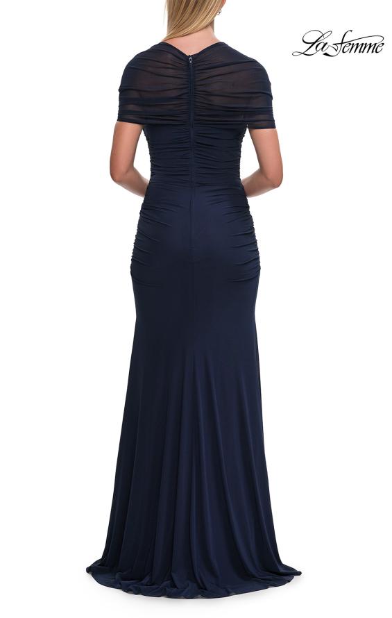 Picture of: Elegant Long Evening Dress with Ruching and Short Sleeves in Navy, Style: 33153, Back Picture