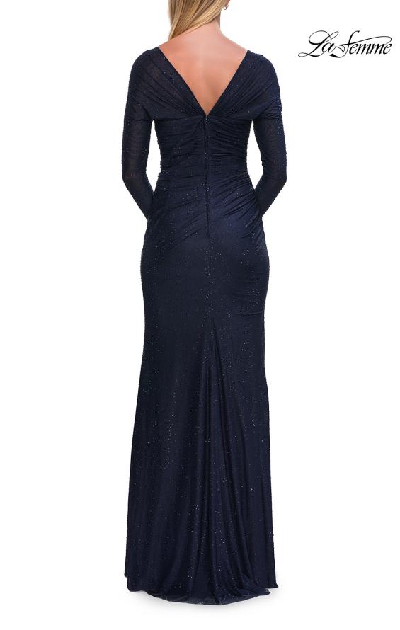 Picture of: Long Sleeve Rhinestone Jersey Gown with Sweetheart Neckline in Navy, Style: 33642, Back Picture