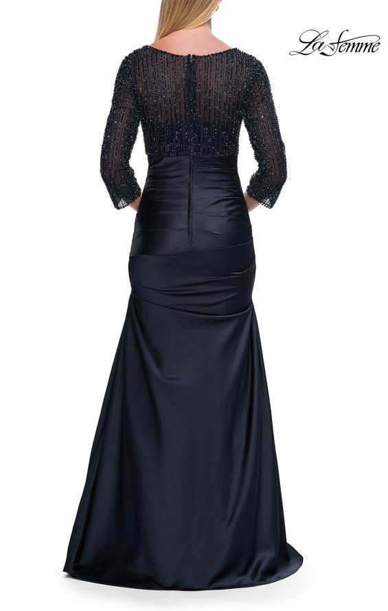 Blue Picture of: Beaded Bodice Satin Gown with Three-Quarter Sleeves in Navy, Style: 33659, Back Picture