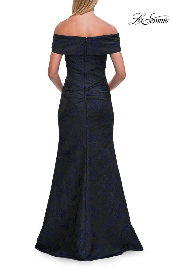 Picture of: Off-the-Shoulder Jacquard Evening Gown in Navy, Style: 33711, Back Picture
