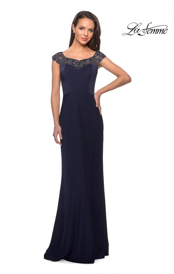 Picture of: Long Jersey Gown with Embellished Neckline in Navy, Style: 25399, Detail Picture 1