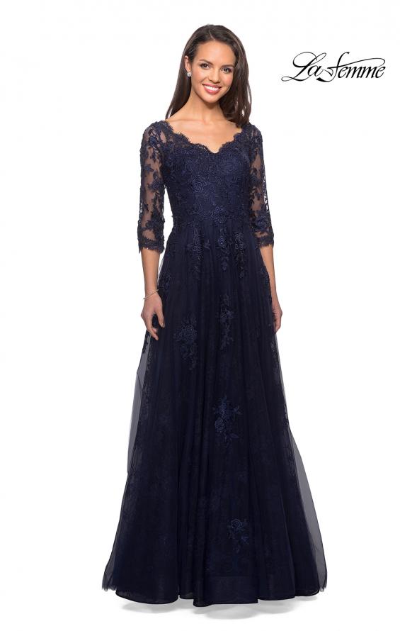 Picture of: Long Lace Gown with Sheer Sleeves and Pockets in Navy, Style: 26959, Detail Picture 1