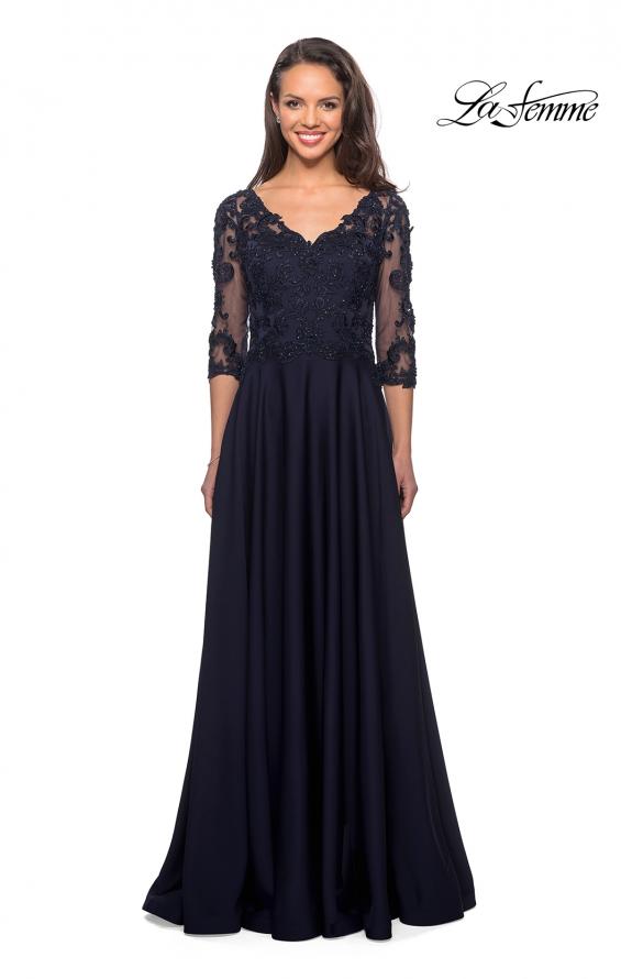 Picture of: Floor Length Satin Dress with Lace Detail and Pockets in Navy, Style: 27235, Detail Picture 1