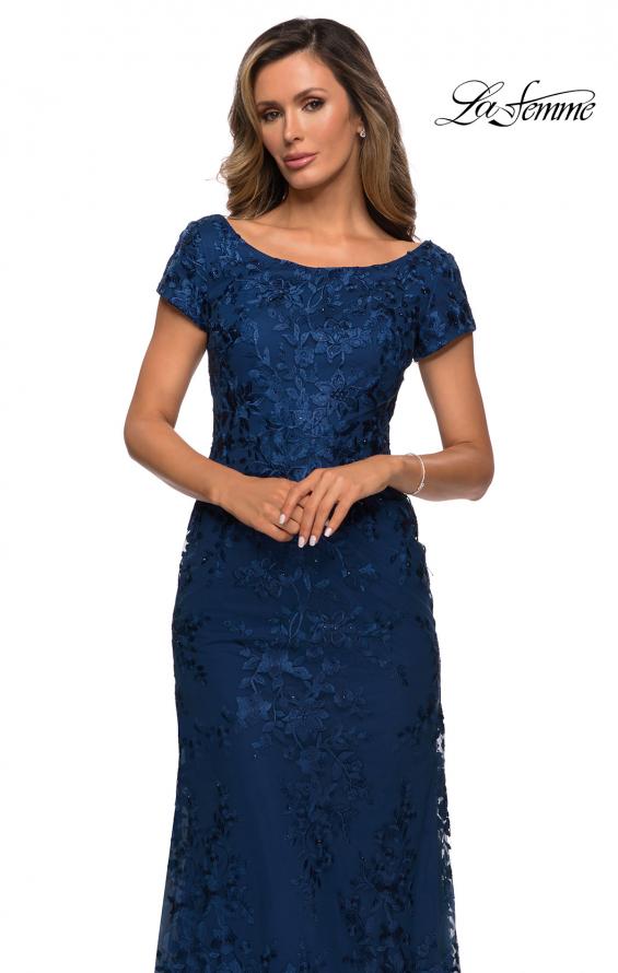 Picture of: Long Three Quarter Sleeve Floral Lace Evening Gown in Navy, Style: 27842, Detail Picture 1