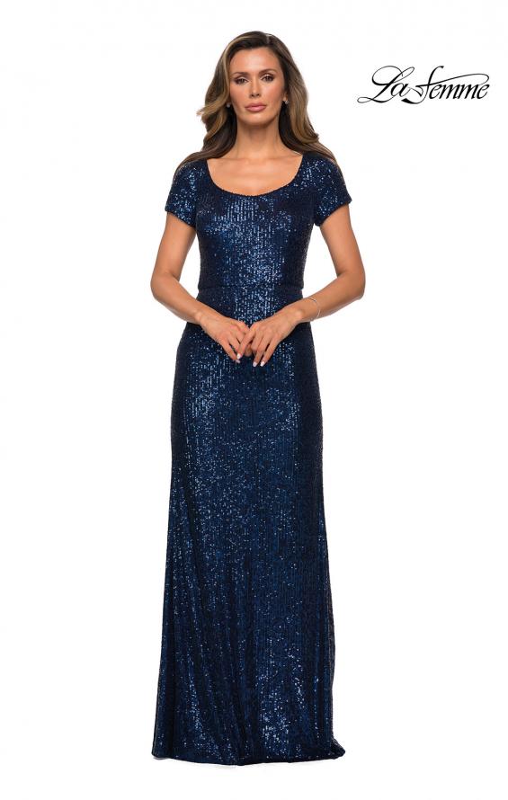 Picture of: Long Sequin Evening Dress with Cap Sleeves in Navy, Style: 27916, Detail Picture 1