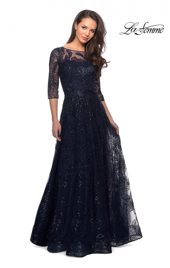 Picture of: A-line Lace Sequin Gown with Sheer Scoop Neckline in Navy, Style: 27942, Detail Picture 1