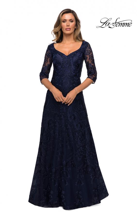 Picture of: Embroidered Lace Gown with V Neckline and Flare Skirt in Navy, Style: 27949, Detail Picture 1