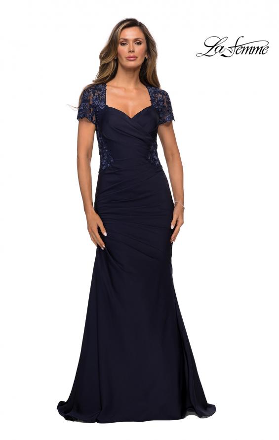 Picture of: Satin Evening Dress with Lace and Scoop Neckline in Navy, Style: 27989, Detail Picture 1