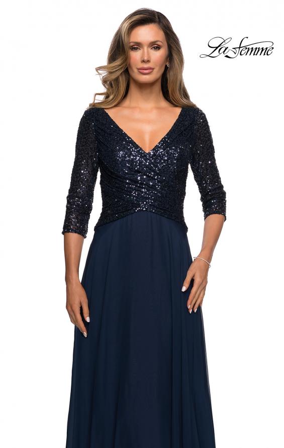 Picture of: Long Chiffon Evening Gown with Sequined Bodice in Navy, Style: 27998, Detail Picture 1