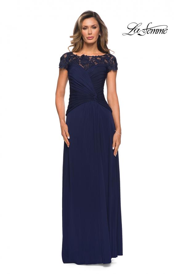 Picture of: Jersey Dress with Ruching and Floral Neckline in Navy, Style: 28029, Detail Picture 1