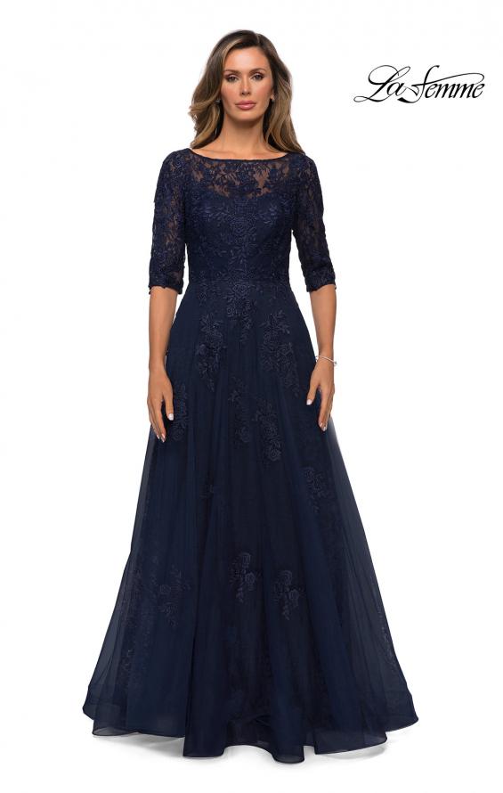Picture of: Lace and Tulle A-line Gown with Three Quarter Sleeves in Navy, Style: 28036, Detail Picture 1