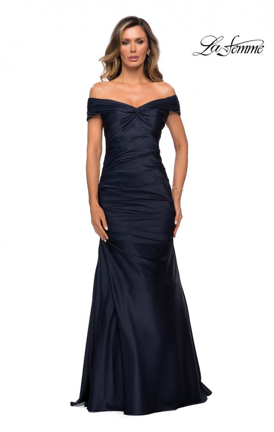 Picture of: Off the Shoulder Satin Evening Gown with Pleating in Navy, Style: 28047, Detail Picture 1