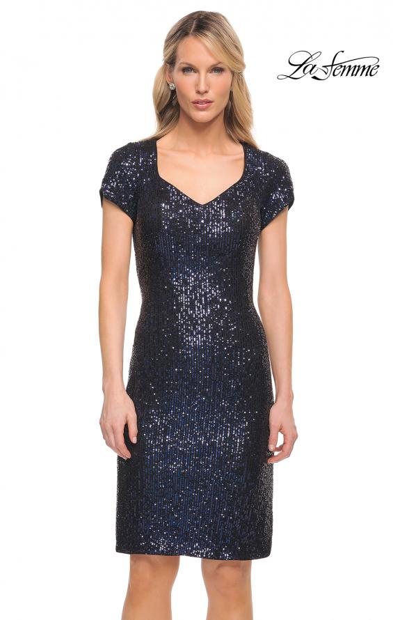 Picture of: Knee Length Sequin Dress with Short Sleeves in Navy, Detail Picture 1