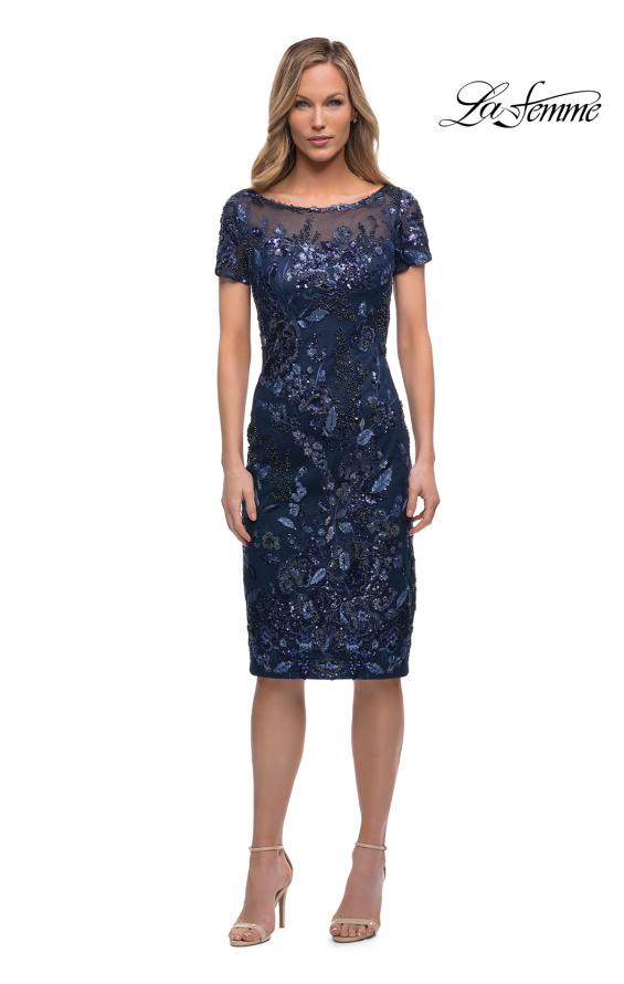 Picture of: Short Beaded Lace Dress with Illusion Top and Sleeves in Navy, Detail Picture 1