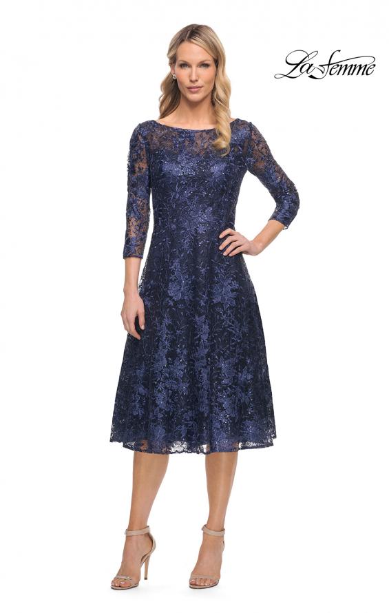 Picture of: Beautiful Lace Tea Length Gown with Three-Quarter Sleeves in Blue, Style: 30005, Detail Picture 1