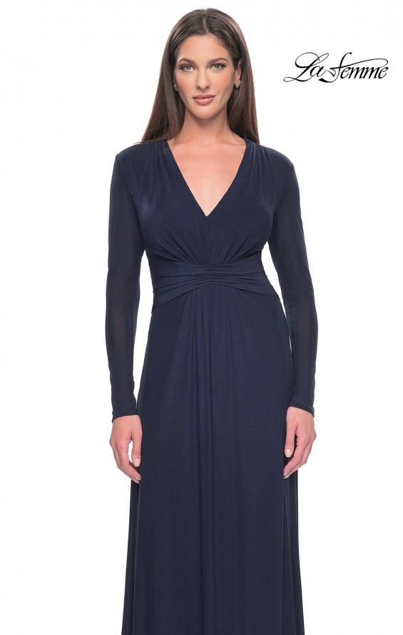Picture of: Long Sleeve Jersey Evening Dress with Ruching Detail in Navy, Style: 30048, Detail Picture 1