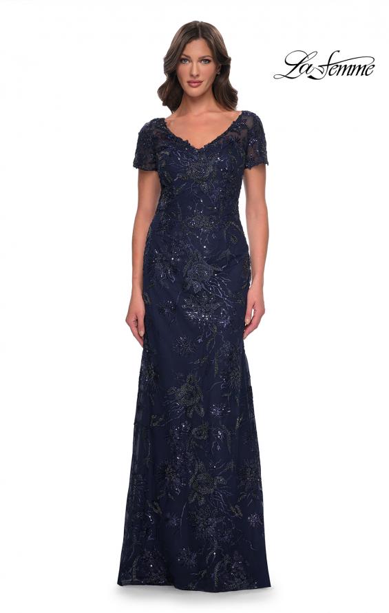 Picture of: Gorgeous Beaded Long Gown with Short Sleeves and V Neck in Navy, Style: 30798, Detail Picture 1