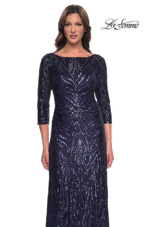 Picture of: Print Sequin Gown with High Neckline and Sleeves in Navy, Style: 30807, Detail Picture 1