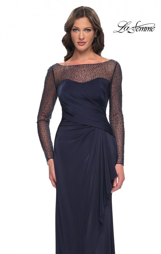 Picture of: Sleek Long Evening Dress with Ruching and Illusion Top in Navy, Style: 30808, Detail Picture 1