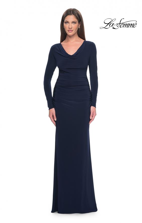 Picture of: Long Jersey Evening Dress with Draped Neckline in Navy, Style: 30813, Detail Picture 1