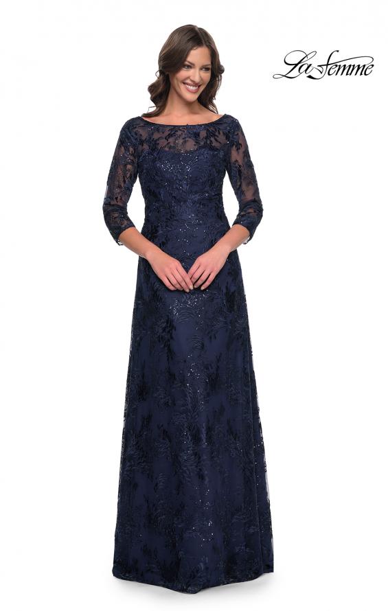 Picture of: Beautiful Lace Mother of the Bride Dress with Illusion Neckline in Navy, Style: 30835, Detail Picture 1