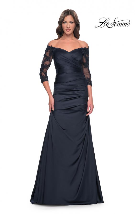 Picture of: Mermaid Satin Dress with Gathering and Off the Shoulder Top in Navy, Style: 30853, Detail Picture 1