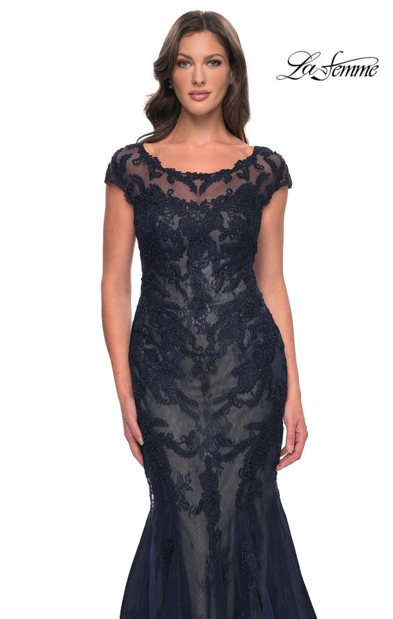 Picture of: Mermaid Lace Dress with Cap Sleeves and Illusion Neckline in Navy, Style: 30876, Detail Picture 1