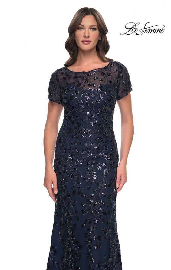 Picture of: Beaded Sequin Chic Evening Dress with Illusion Top and Short Sleeves in Navy, Style: 30877, Detail Picture 1