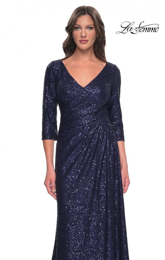 Picture of: Long Sequin Gown with Ruching and Draped Skirt in Navy, Style: 30879, Detail Picture 1
